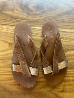 Free People Brown Suede Slide Sandals with Shimmer Strap